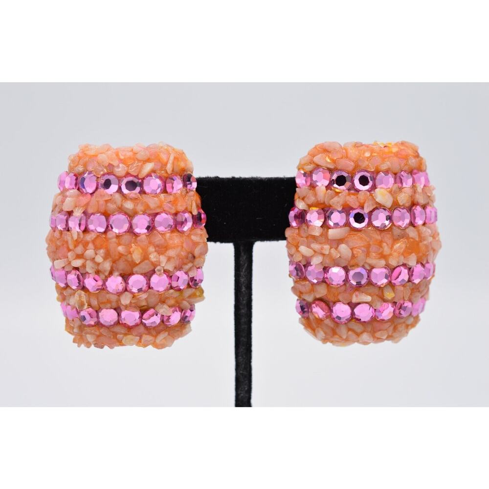 Michelle Sugar Vintage Clip on Earrings Pink Crystal Pressed Glass Signed BinX